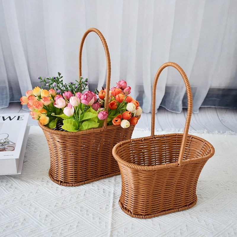 Handwoven Storage Basket Fruit Vegetable Flower Baskets Rattan Shopping Bag Bread Picnic Basket Desktop Sundries Organizer