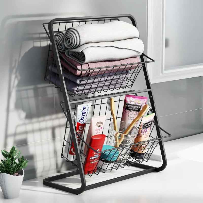 2 Tier Kitchen Storage Basket Black Iron Vegetable Fruit Rack Countertop Spice Organizer for Home Bathroom