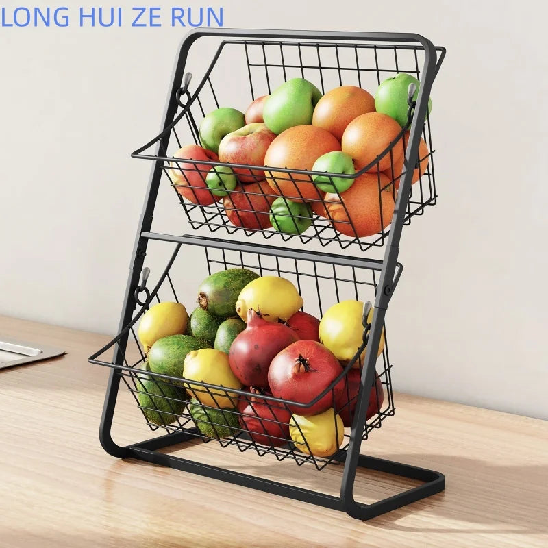 2 Tier Kitchen Storage Basket Black Iron Vegetable Fruit Rack Countertop Spice Organizer for Home Bathroom