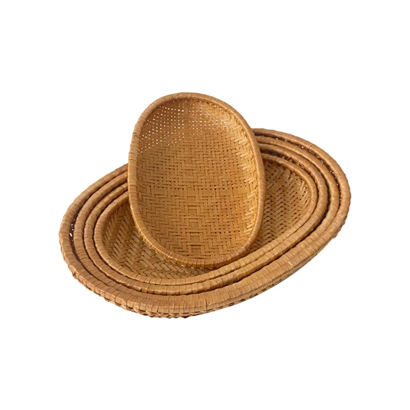 Handwoven Bamboo Oval Basket-Natural Wicker Storage Tray for Fruit, Vegetable, Garlic,Walnut-Rustic Kitchen Counter Organizer
