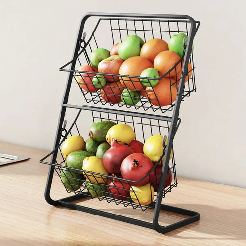 2 Tier Kitchen Storage Basket Black Iron Vegetable Fruit Rack Countertop Spice Organizer for Home Bathroom
