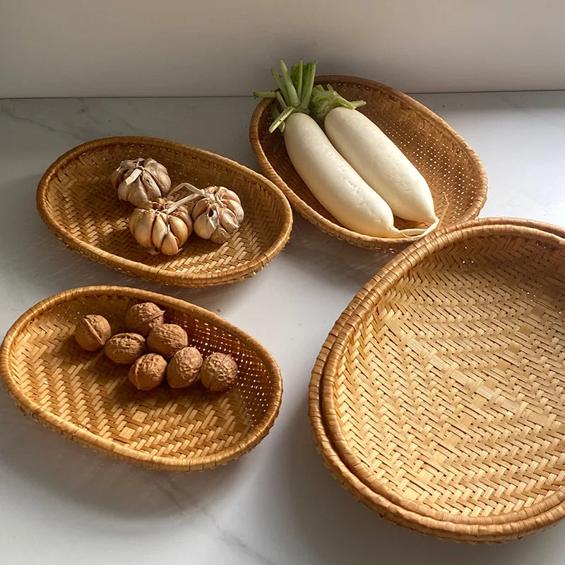 Handwoven Bamboo Oval Basket-Natural Wicker Storage Tray for Fruit, Vegetable, Garlic,Walnut-Rustic Kitchen Counter Organizer