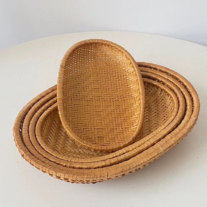 Handwoven Bamboo Oval Basket-Natural Wicker Storage Tray for Fruit, Vegetable, Garlic,Walnut-Rustic Kitchen Counter Organizer