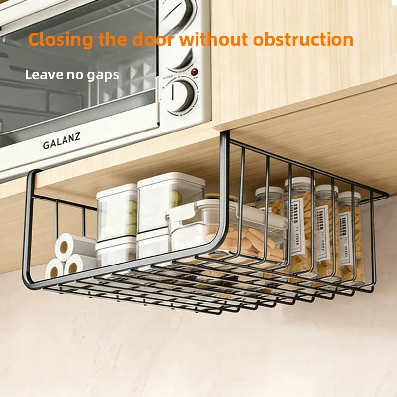 WV 2PCS No-Drill Kitchen Storage Hanging Basket Cabinet Cling Film Bag Rack Under-Desk Storage for Dormitory Organization