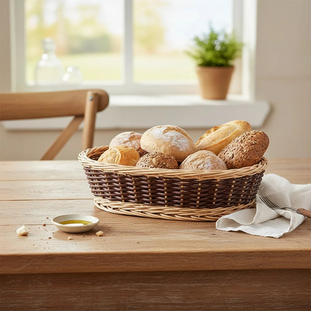 Hand-Woven Rattan Wicker Oval Storage Basket, European-American Style Desktop Cosmetic Bread Basket for Home Kitchen Living Room