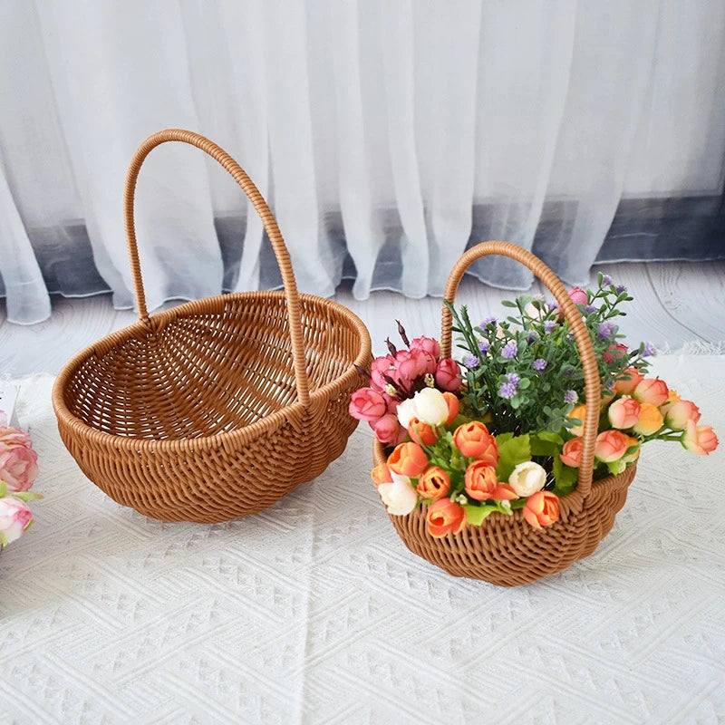Handwoven Storage Basket Fruit Vegetable Flower Baskets Rattan Shopping Bag Bread Picnic Basket Desktop Sundries Organizer