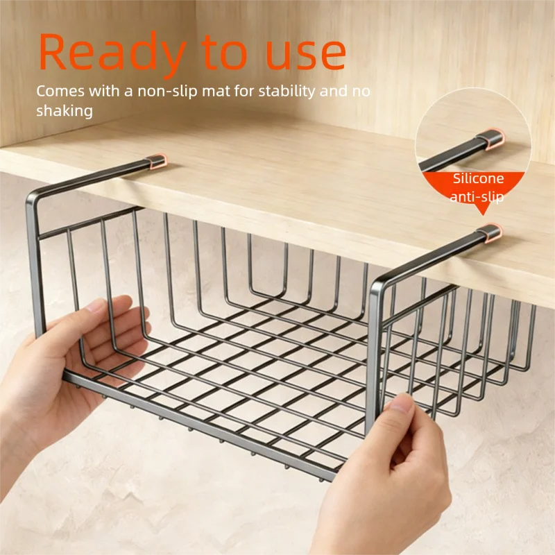 WV 2PCS No-Drill Kitchen Storage Hanging Basket Cabinet Cling Film Bag Rack Under-Desk Storage for Dormitory Organization