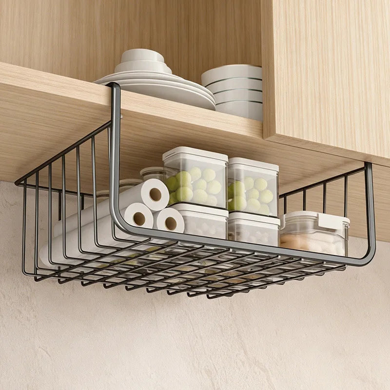 WV 2PCS No-Drill Kitchen Storage Hanging Basket Cabinet Cling Film Bag Rack Under-Desk Storage for Dormitory Organization